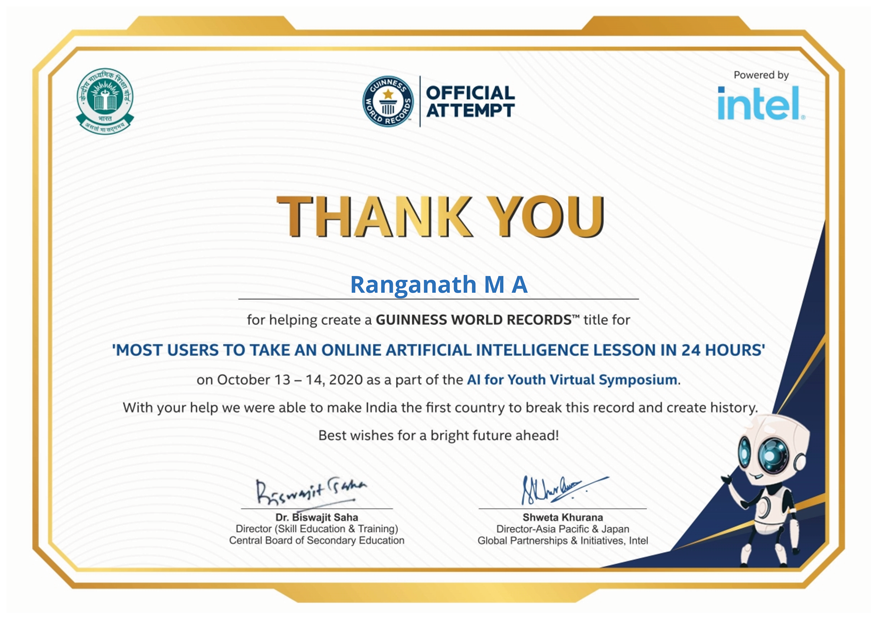 M A Ranganath Guinness Certificate